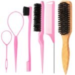 Six in One Hair Styling Kit with Boar Bristle Brush and Rat Tail Comb